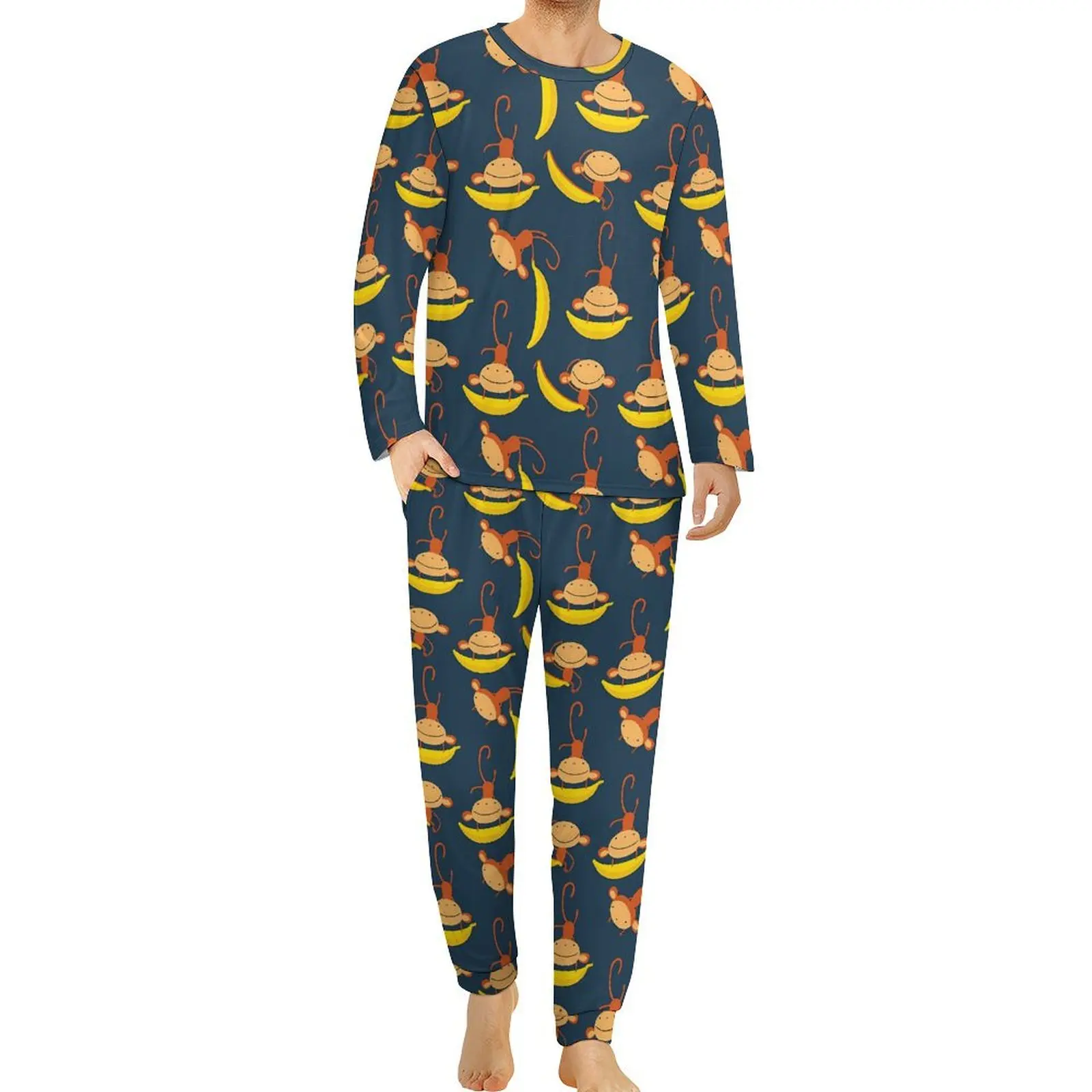 Yellow Banana Pajamas Autumn 2 Pieces Monkey Retro Pajama Sets Man Long Sleeves Sleep Graphic Nightwear Big Size 4XL 5XL