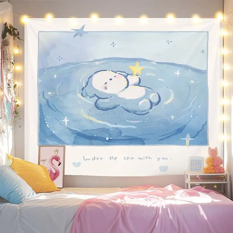 VIKAMA Watercolor Ocean Bear Tapestry Wall Art for Bedroom Living Room Decoration Blue Healing Floating Bear Star Love Warm