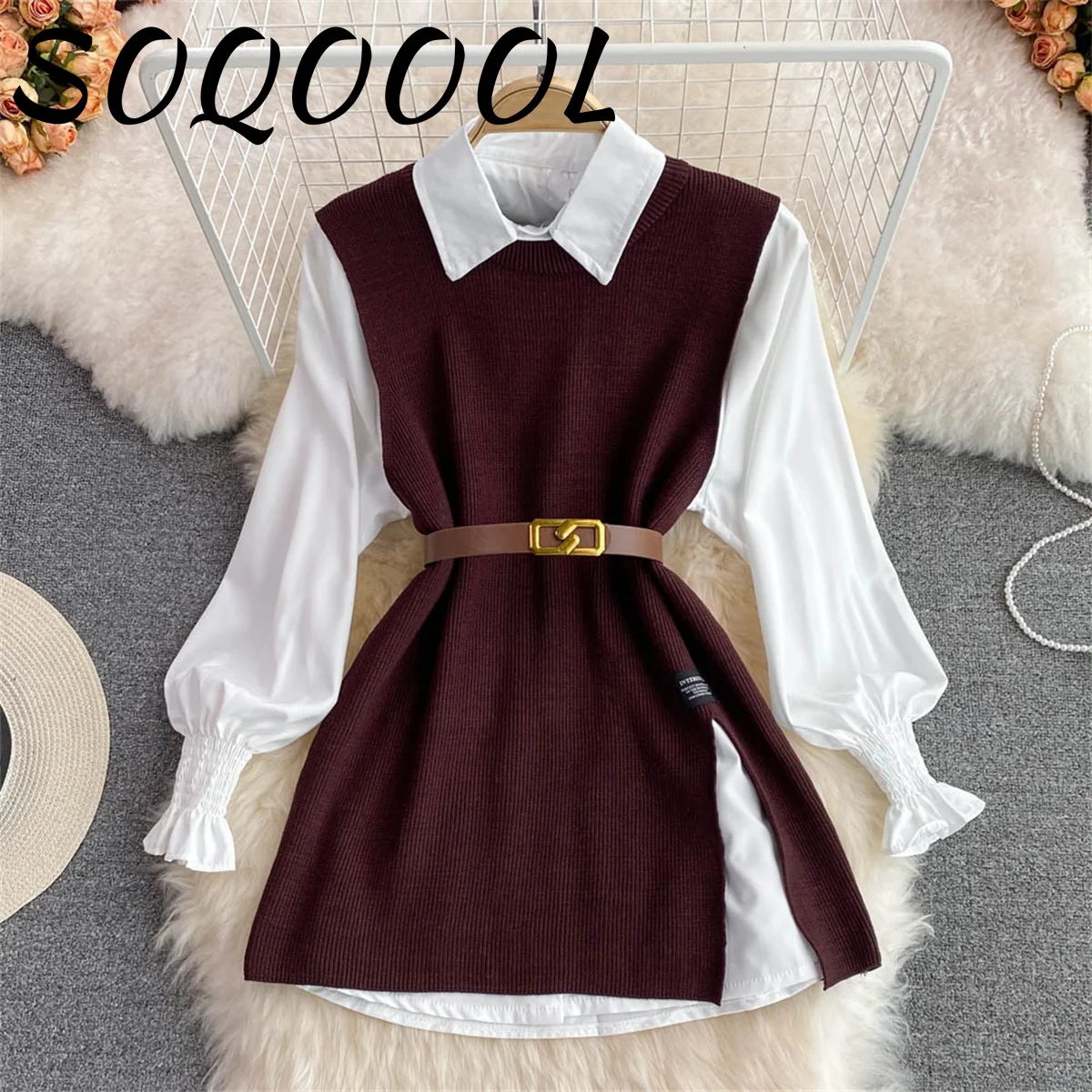 New Autumn Fashion Korean Office Lady Lapel Lantern Sleeves White Shirt +V-neck Knitted Vest Casual Two-piece Set Clothes Women