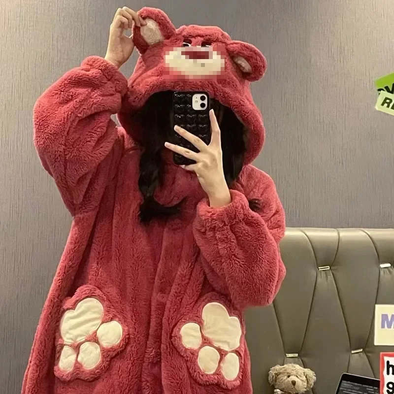 2024 Autumn/Winter New Cute Strawberry Bear Robe Women\'s Thick and Long Warm Coral Velvet Pajama Sleeping Skirt