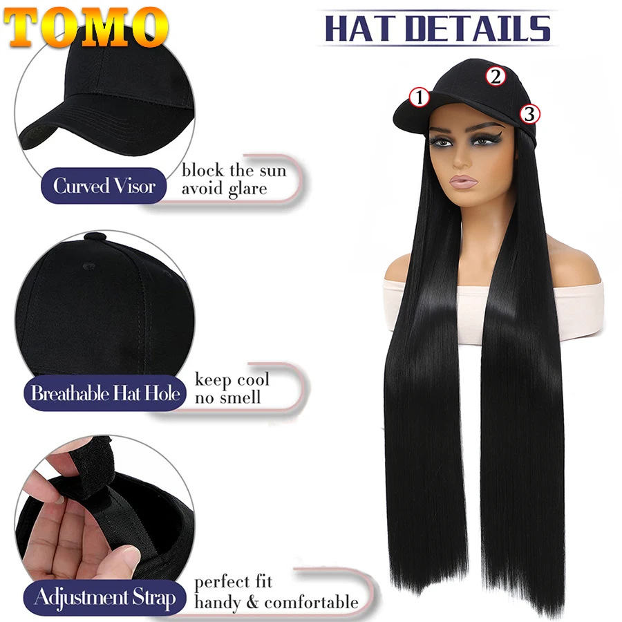 TOMO-Casquette de Baseball avec Extensions de Cheveux pour Femme, Postiche Synthétique, 32 en effet, Réglable, Longue et Droite, Perruques de Remplacement au Chapeau