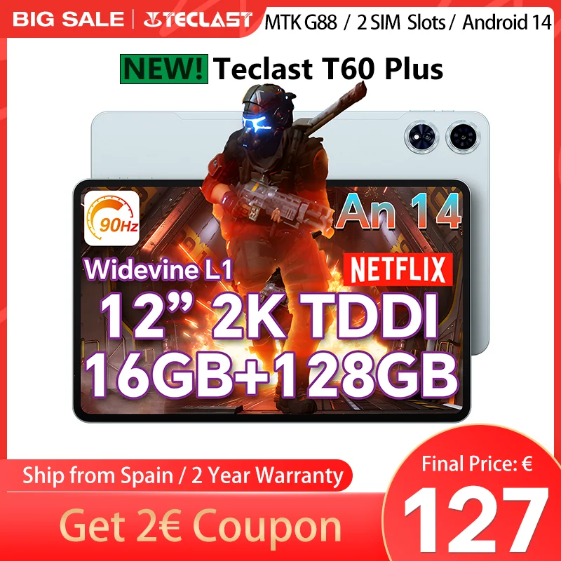 【New】 Teclast T60 Plus 12 90Hz 2K Screen 2000x1200 Android 14 Widevine L1 MTK Helio G88 (6GB RAM + 10GB expansion) 16GB/128GB 8000mAh battery 4G LTE Dual SIM TF up to 1TB