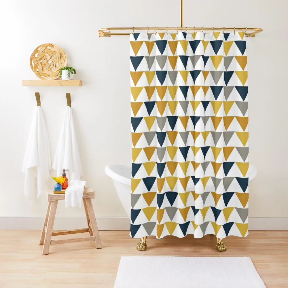 Arrows: Light Mustard Yellow, Dark Mustard Yellow, Dark Blue, Grey, and White Geometric Pattern Shower Curtain