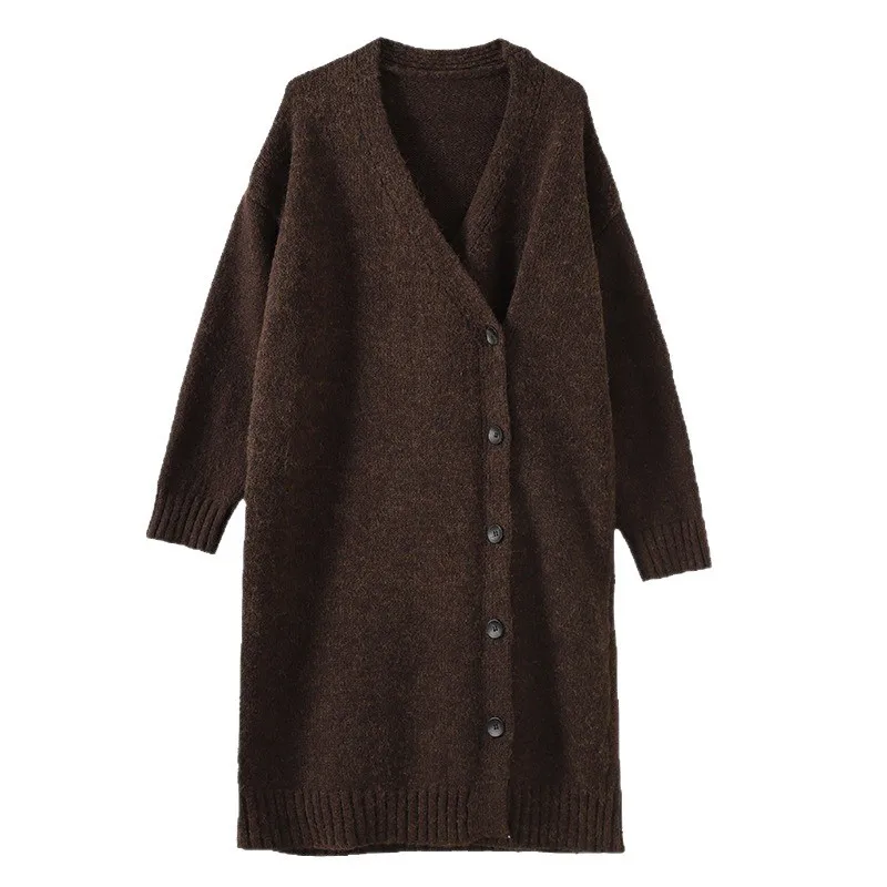 Długi Płaszcz Dzianinowy, Dekolt V, Ukośne Guziki, Temperament, Kardigan Pod Sweter, Damski Luźny Zimowy 2025