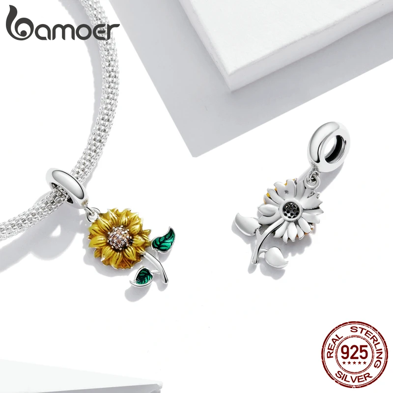 BAMOER 925 Sterling Silver Colored Flower & Bird Charms Sunflower Pendant fit for Original Bracelet & Bangle Fine Jewelry DIY