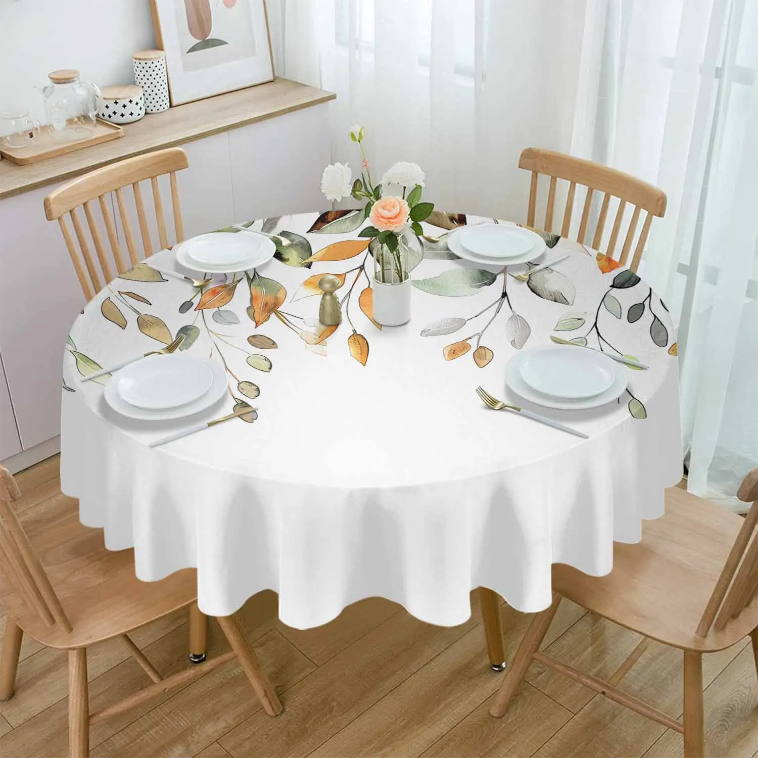 Eucalyptus Leaf Sage Green Leaf Plant Waterproof Tablecloth Tea Table Decoration Round Table Cover For Kitchen Wedding Home