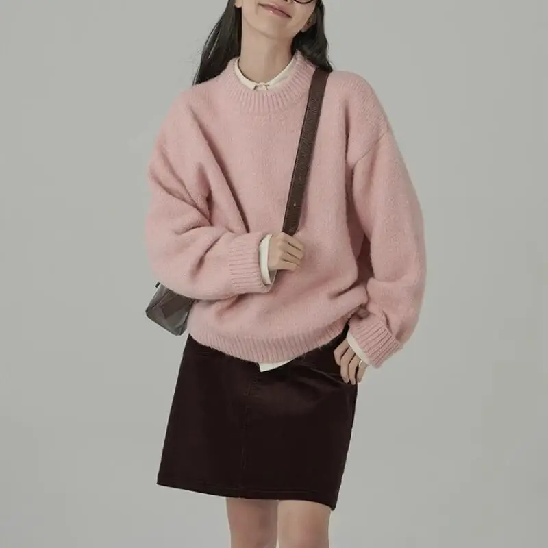 

Женский осенне-зимний свитер, свободные мягкие и липкие топы, модный пуловер с круглым вырезом, темпераментный джемпер, многослойный трикотаж для ленивых