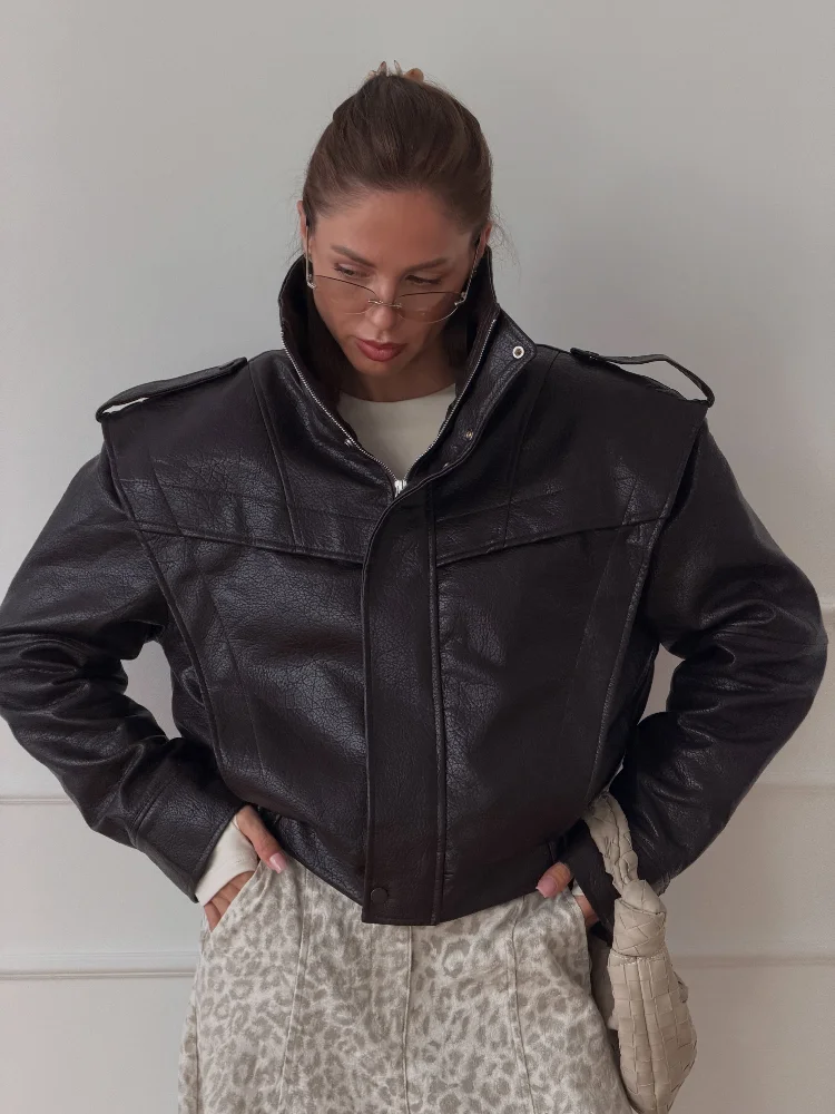 Ladies Olive Green Faux Leather Biker Jacket High Collar Zip Up Oversized Motorcycle Coat Fall Streetwear Loose Moto Outerwear