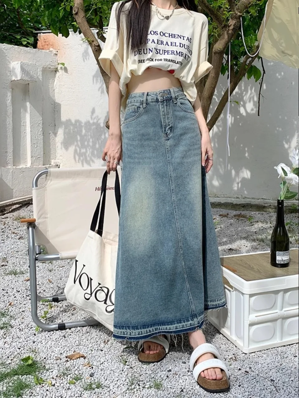 

Джинсовая юбка трапециевидной формы в стиле ретро, Гонконга, длинная юбка трапециевидной формы с высокой талией для похудения для женщин больших размеров, смесь хлопка