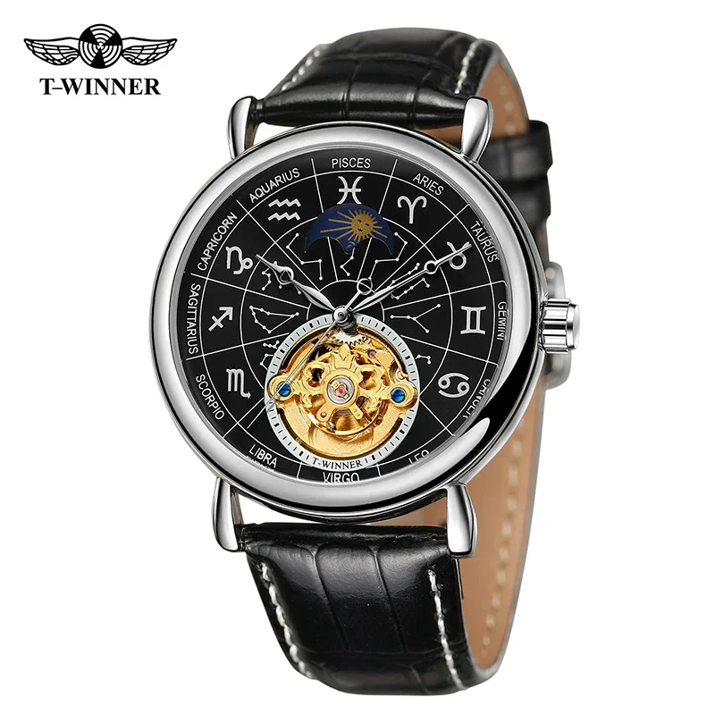 T-Winner Waterproof Moon Phase Skeleton Design WristWatch Arrival Men Mechanical Automatic Watches Reloj Para Hombre Watch