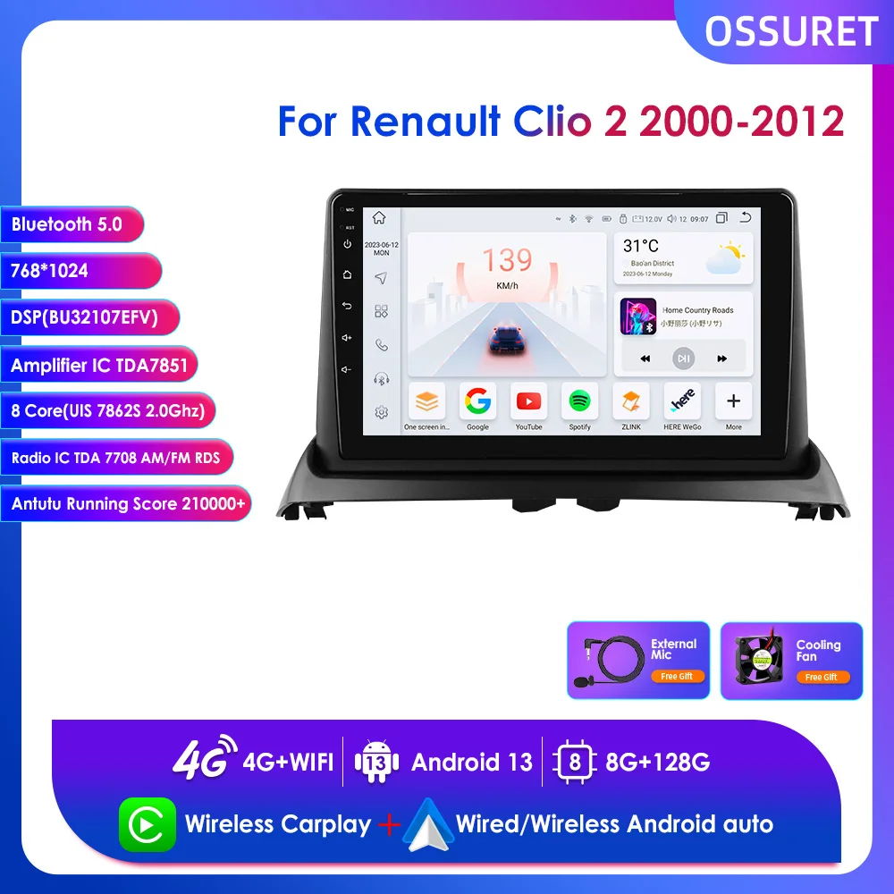 

For Renault Clio 2 2000-2012 with GPS Navigation Radio Video Car Stereo Multimedia Player Support Wireless Carplay Android Auto