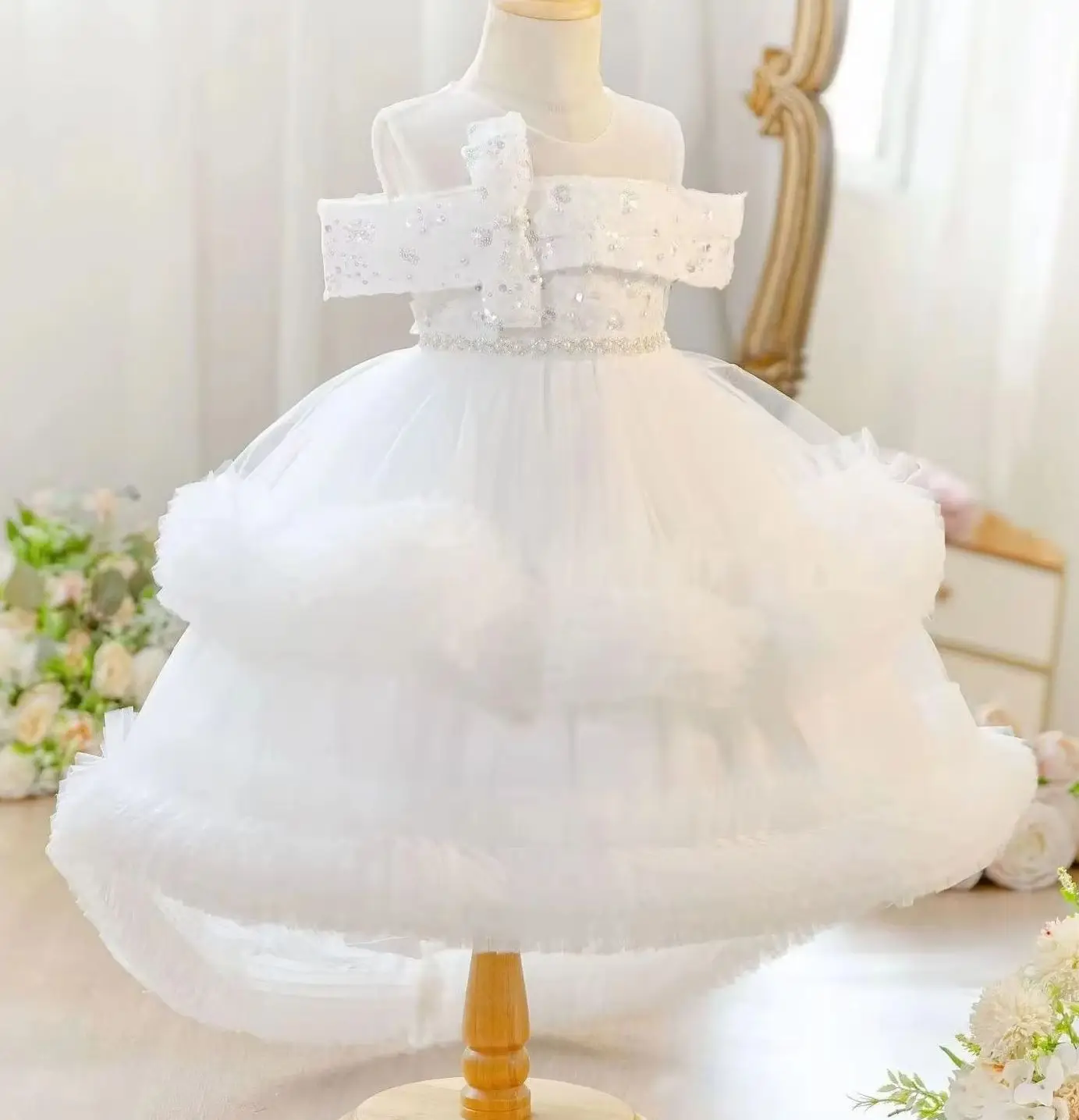 Sequins Girl Party Dress Ball Gown Layered Trailing Girly Baby Dresses Child Clothes 1 to 5T