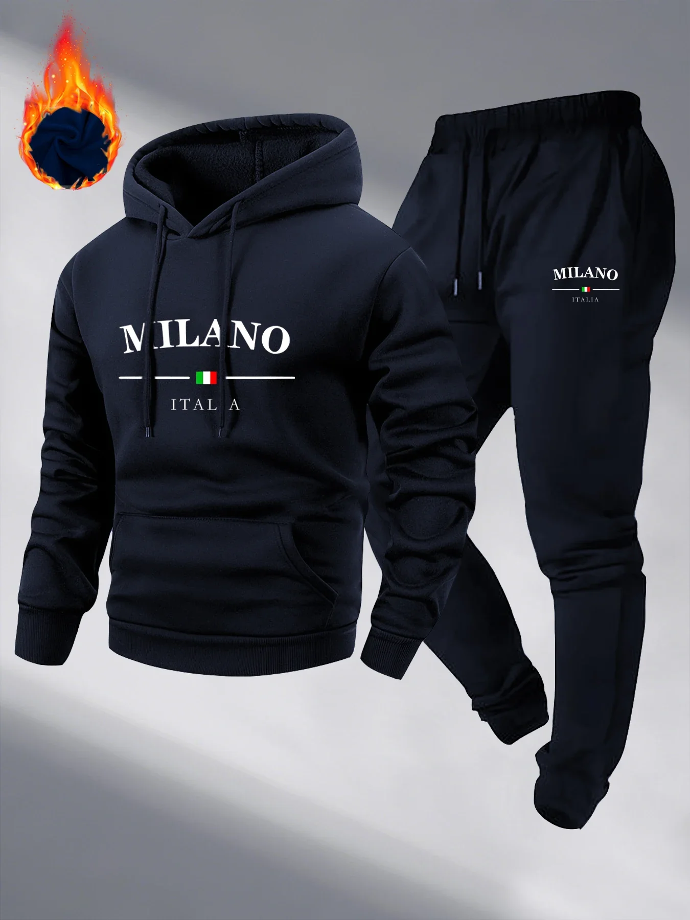 

Autumn Men's Fleece Warm Hoodie Set Printed Tracksuit Hooded Sweatshirt Drawstring Pants Sportswear 2 Piece Suit Hoodies Sets