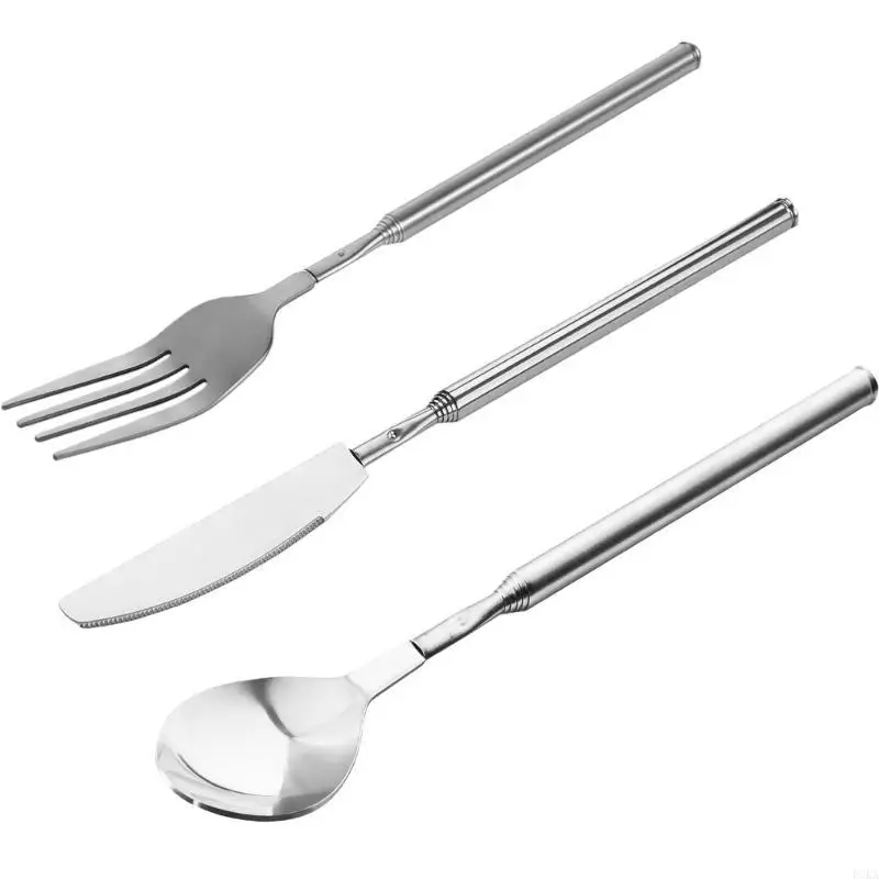   Retractable Stainless Steel Spoon Fork Cutter Portable Expandable Design For Camping Trip Meals And Outdoor Cooking
