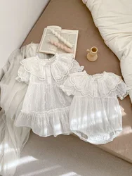 Cute Baby Girl Romper INS Summer Solid White Short Sleeve Cotton Bodysuit Sister Match Dress Princess Lace One-Pieces Clothes