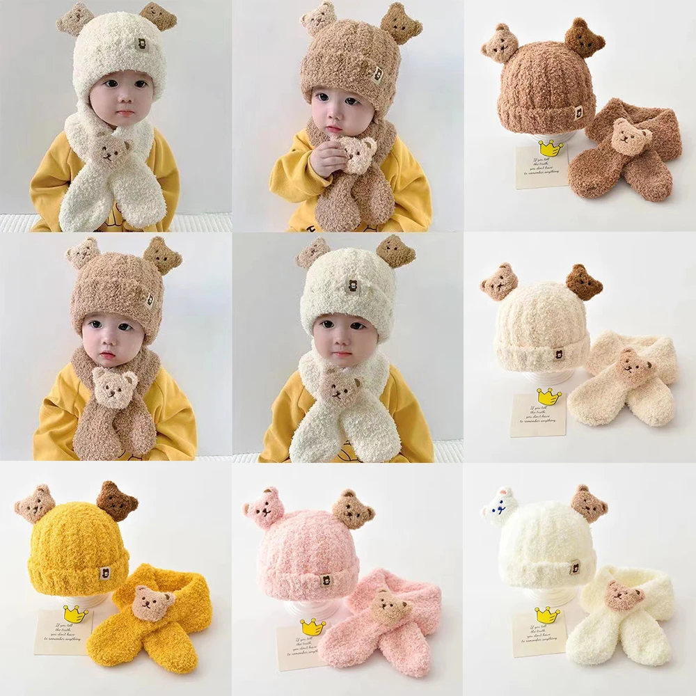 Super Cute Toddler Winter Bear Hat Scarf Set Autumn Winter Warm Newborn Infant Beanies For Boys Girls Anti Cold Outfit For Baby