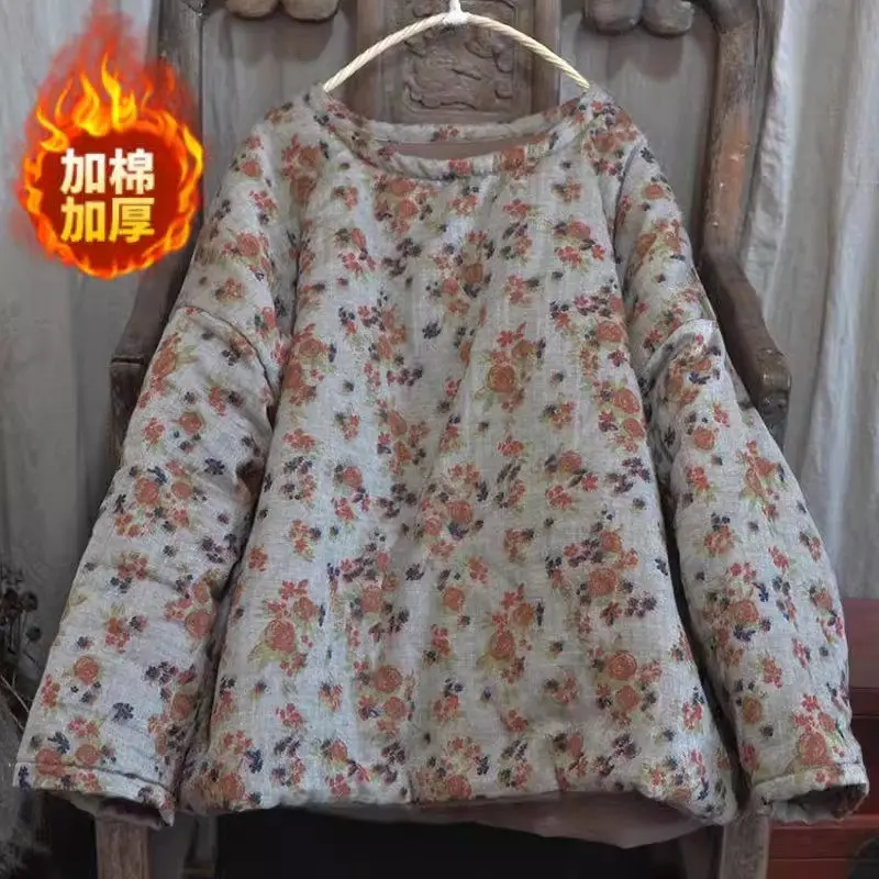2024 Lente Herfst Losse Oversized Gebloemde Katoenen Jas Ronde Hals Etnische Stijl Lange Mouwen Retro Vrouwen Gewatteerde Jas Top Z4717