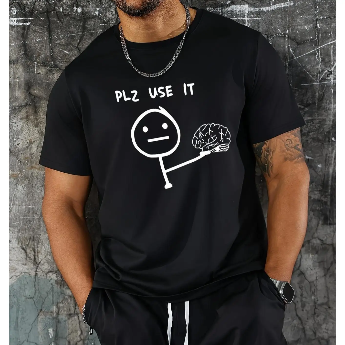 

Funny Plz Use It Brain Graphic T-Shirt Mens Womens Novelty Sarcastic Quote Tee Unisex Summer Casual Short Sleeve Humor Top