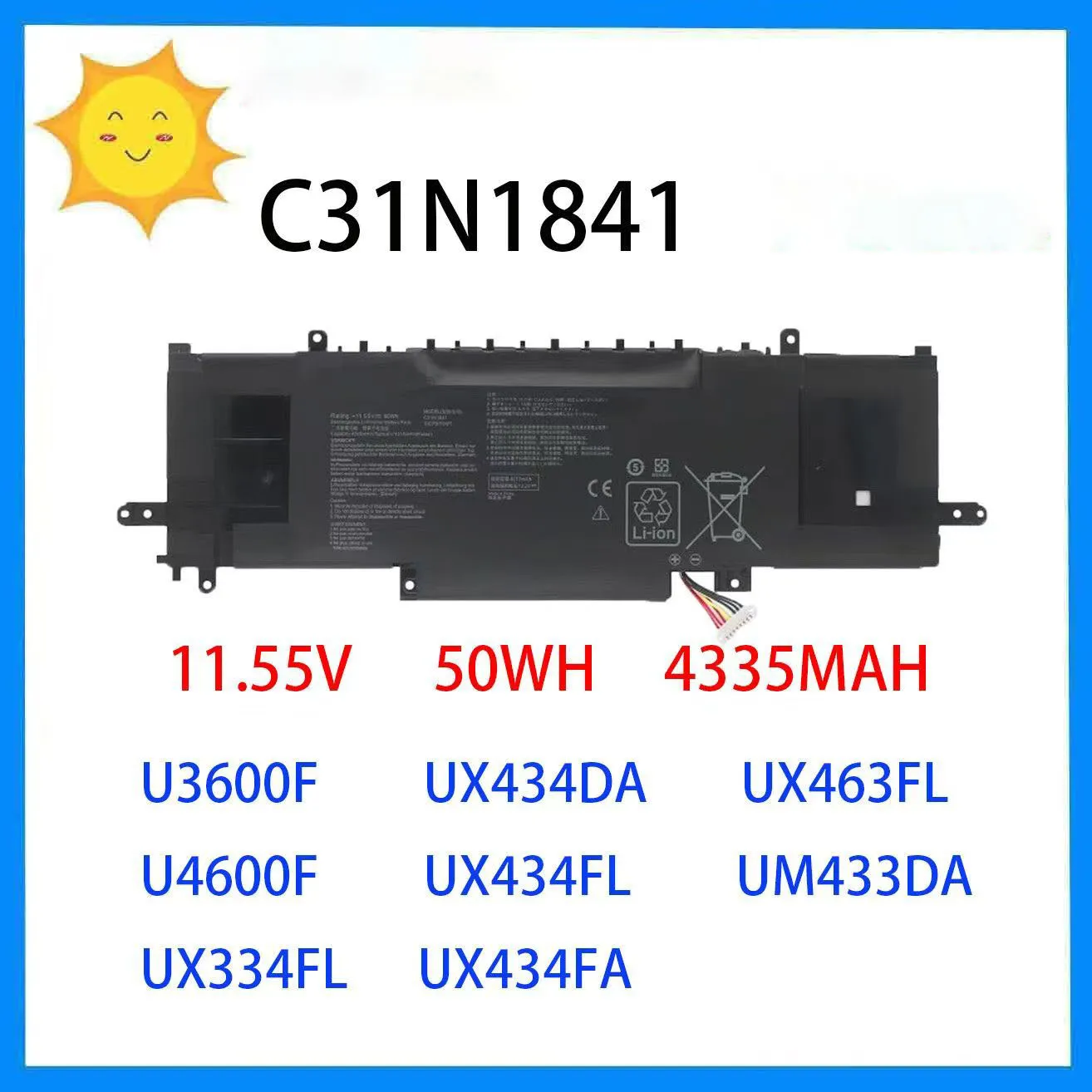 

Подходит для аккумулятора ASUS C31N1841 U3600F U4600F UM433F UX334F UX463F.