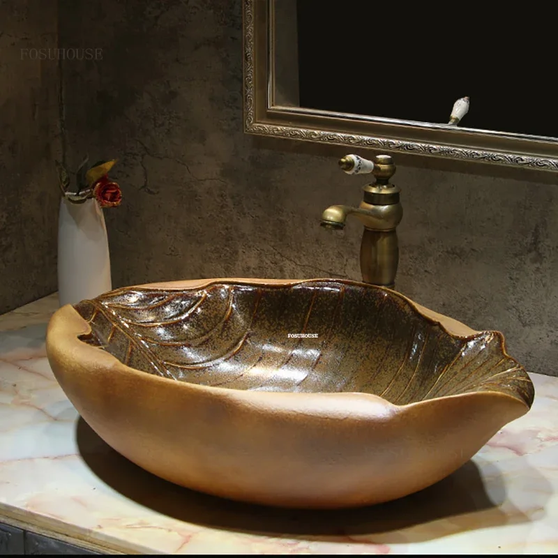 Modern Ceramic Art Bathroom Sinks Household Kitchen Countertop Sink Creative Bathroom Fixtures Leaf Shape Bathroom Washbasins