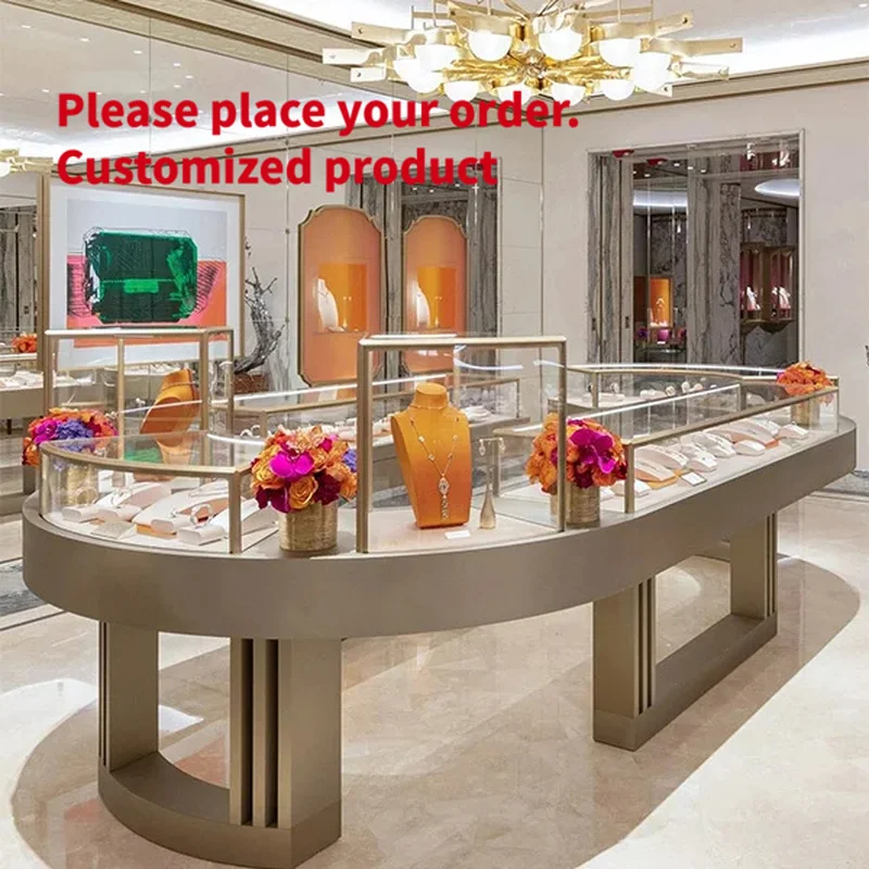 custom.Luxury Large Curved Jewelry Display Island Counter Gold Stainless Steel Mall Jewelry Showcase with Glass Top Boutique