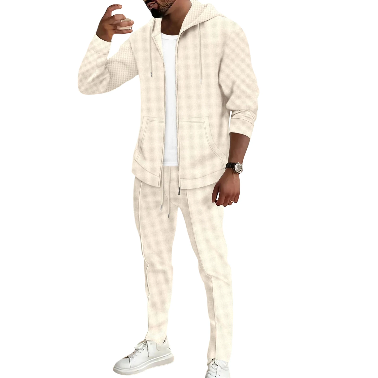 

Зимний мужской вафельный кардиган с капюшоном и карманами на молнии, однотонные брюки с длинными рукавами, комплект для повседневной носки на открытом воздухе