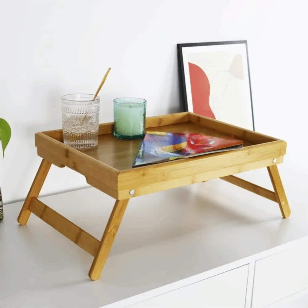 Natural Bamboo Folding Leg Breakfast Trays Rectangular Large Capacity Desk Snack Tray Concealed Handle Bed Laptop Tray Bedroom
