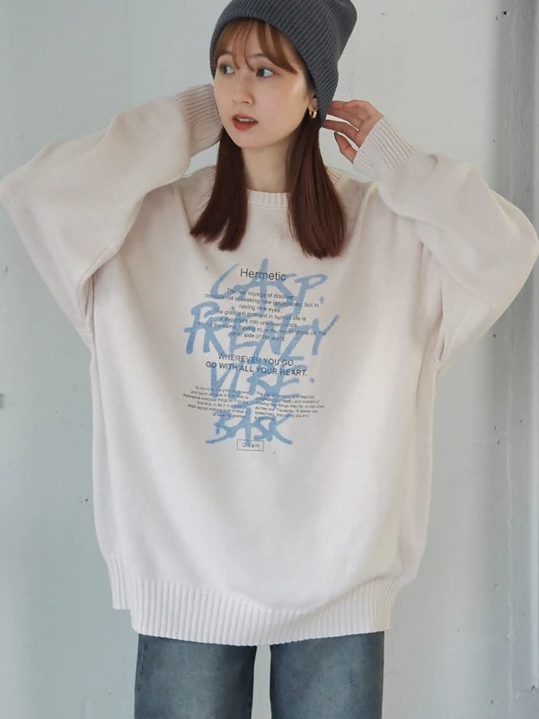 

Tiptop round Ne Loose Knitted Cotton Sweatirt Street Sle Letter Print Overhead Top for Autumn Winter Casual Faion