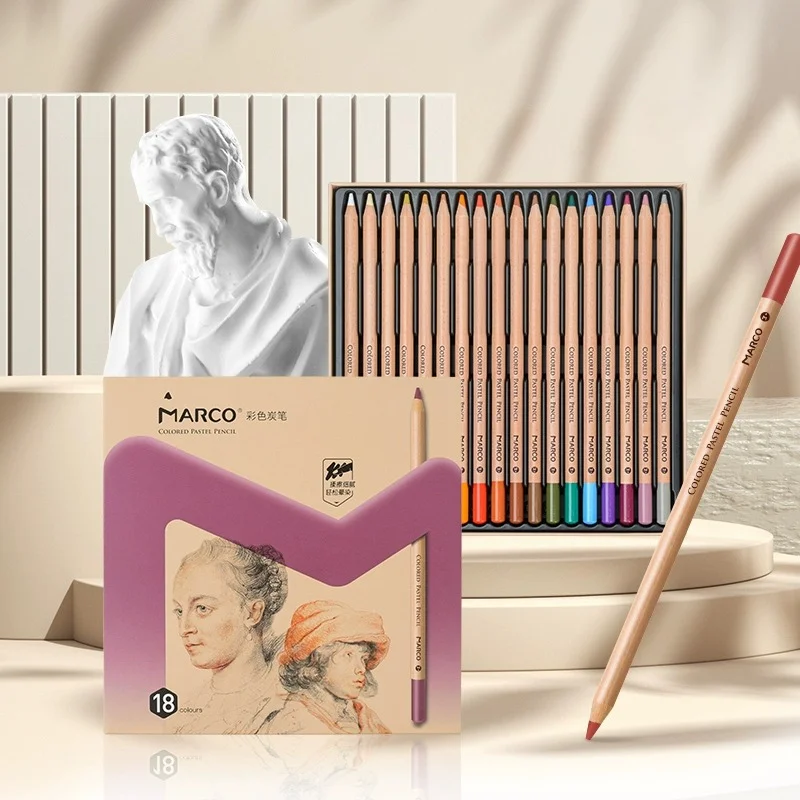 Marco 18 Professional Colour Charcoal Pencils Drawing Set Skin Tone Pastel and Chalk Graphite Pencil In Box for Superior Shading