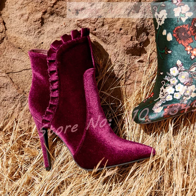 

Винно-красные бархатные ботильоны, женские ботильоны из флока с острым носком и острым носком, женские вечерние модные пикантные повседневные ботинки на молнии сбоку