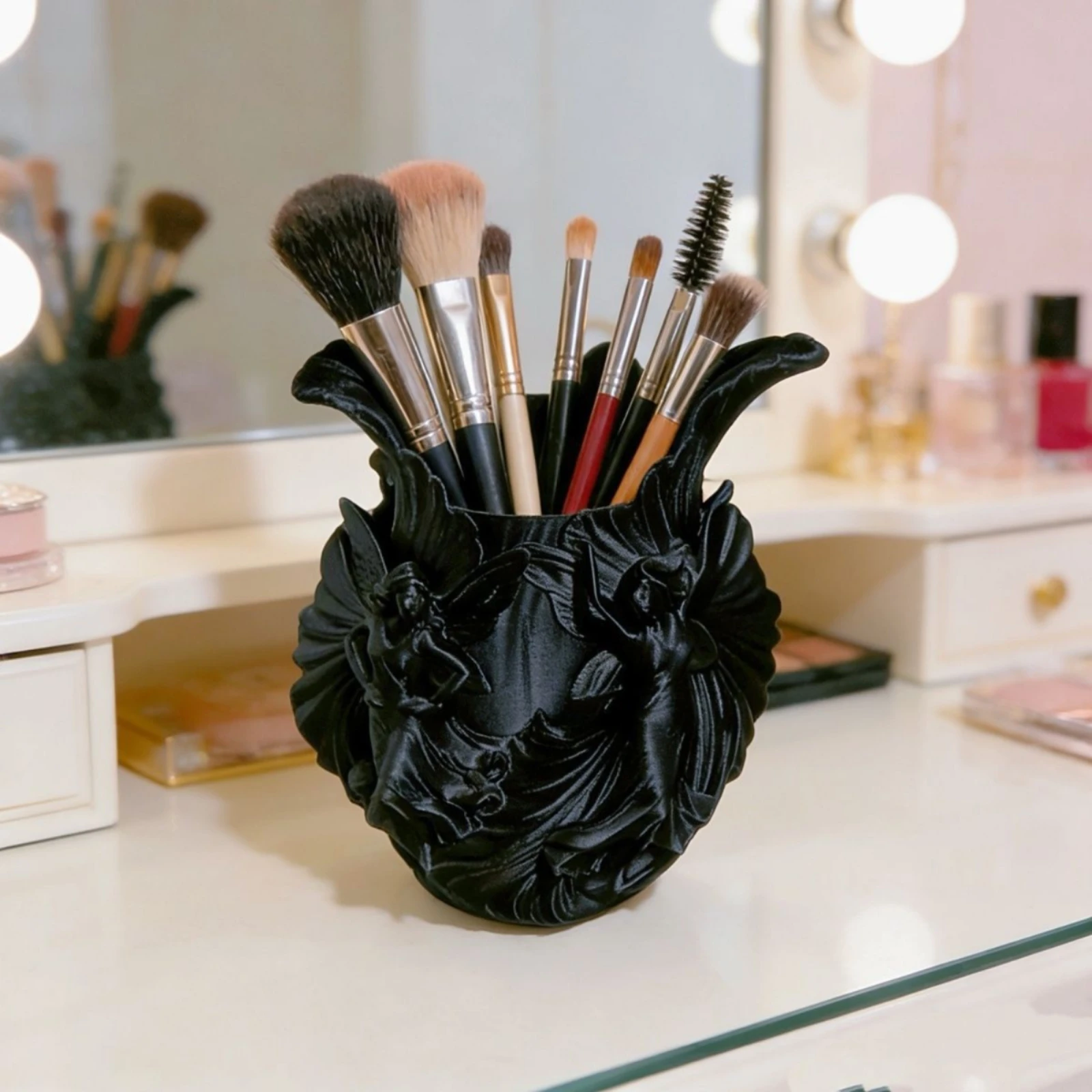 Fairy Vase Cup 3D-Printed Desktop Storage Holder Vanity Brush Cup Winged Decorative Writing Utensil Holder Ornamental Figures