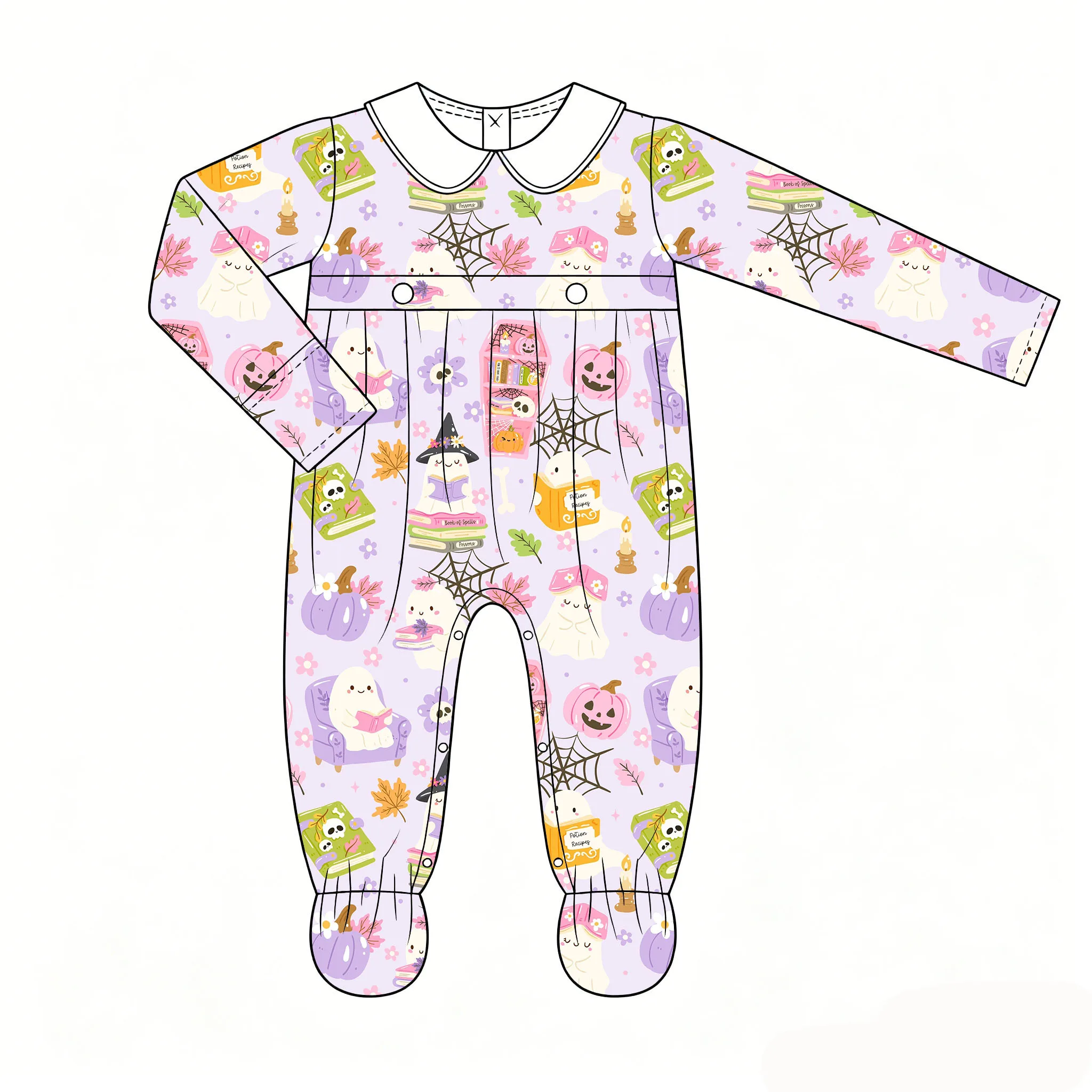 Boutique Halloween Infant Girl Clothing Long-Sleeve Newborn Jumpsuit Cute Ghost Kitten Print Footed Romper Milk Silk
