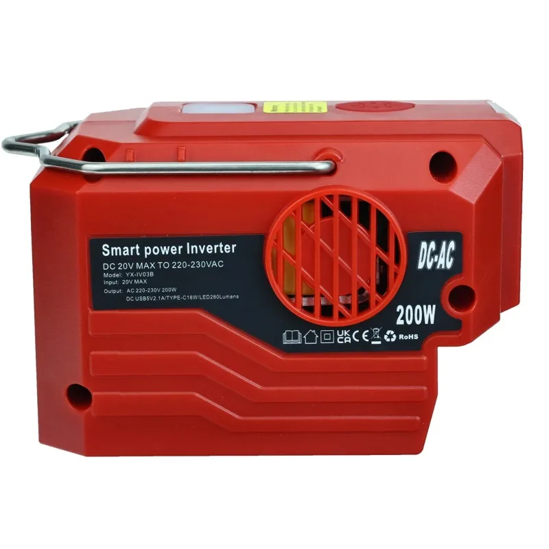 200W Portable Power Inverter For Milwaukee 18V Li-ion Battery, DC To AC 120V/220V Outdoor Power Supply With LED Light