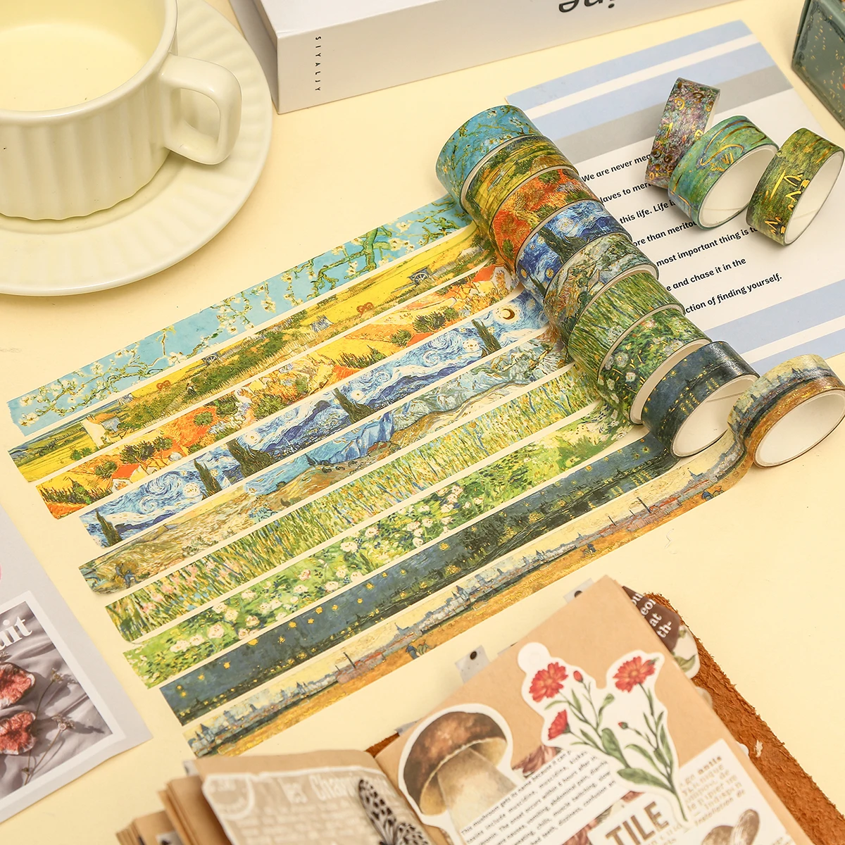 20 لفة/صندوق مع موضوعات الرسم الزيتي شريط اشي، أنماط المناظر الطبيعية الميدانية المختلفة، مواد تزيين سجل القصاصات بنفسك