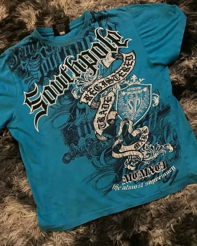2000s Retro Blue Gothic Pattern Printed Hip Hop Street Fashion Plus Size T shirt Round Neck Short Sleeve Women Couple Couple Top image 3