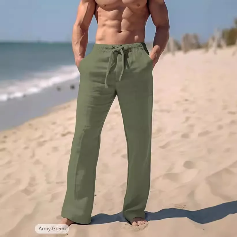 Men's Linen Four-season Beach Trousers Drawstring Elastic Waist Straight Flat, Comfortable And Breathable