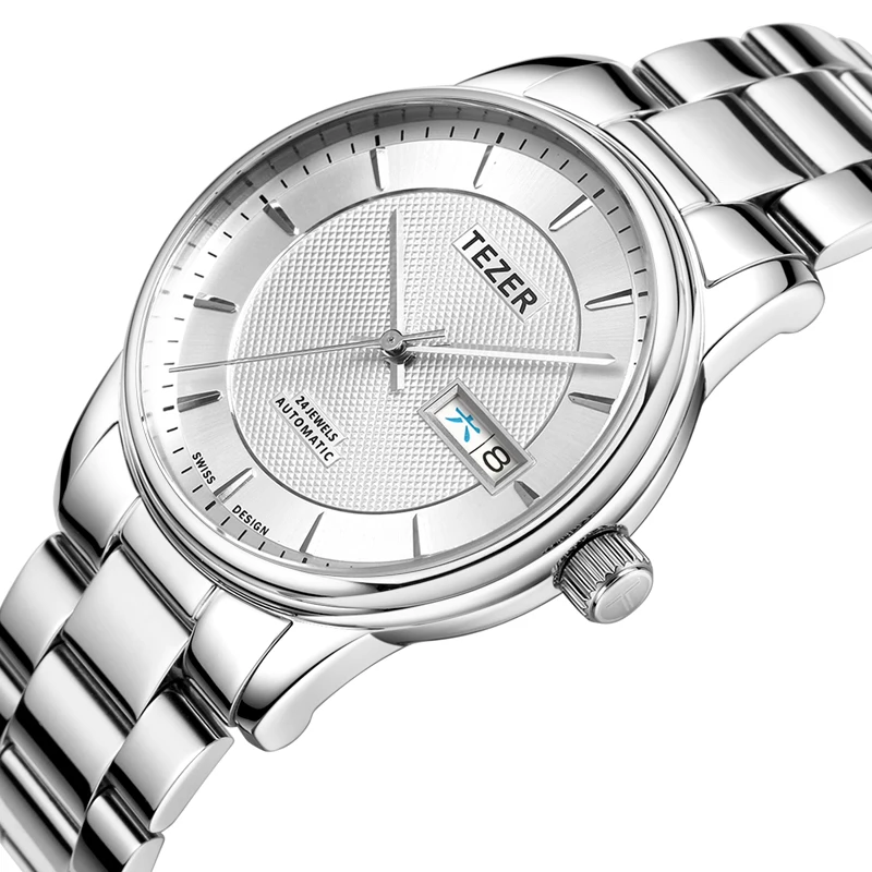 TEZER Men Automatic Watch | Solid Stainless Steel Band | Day Date Window | 50M Waterproof Business Wristwatch