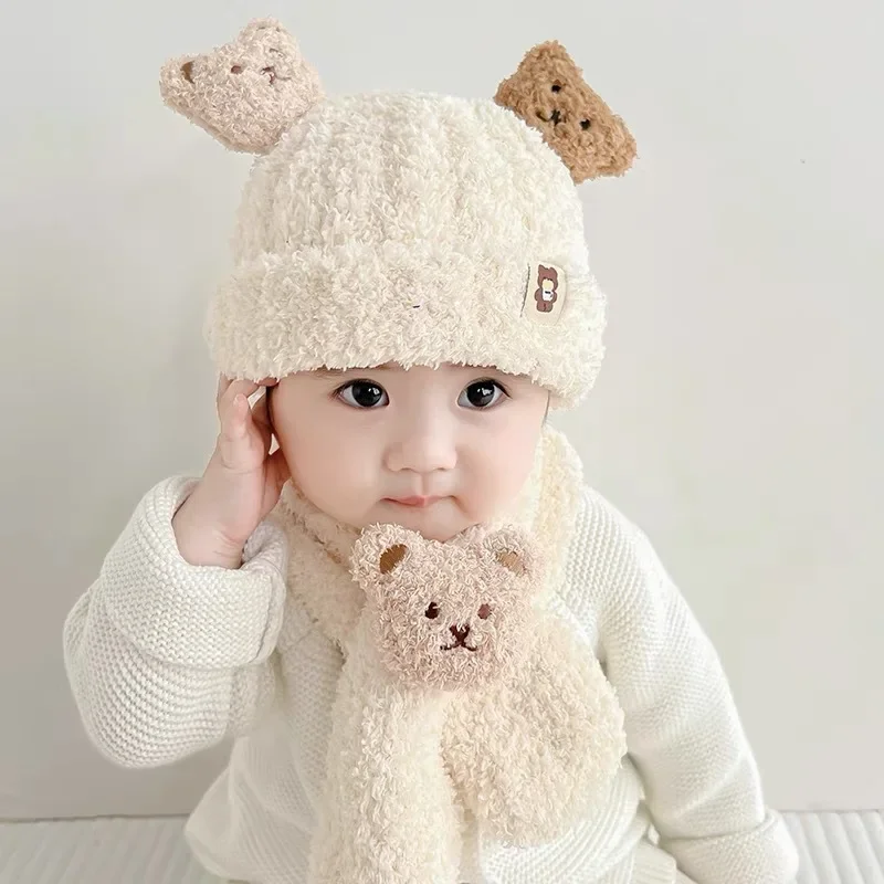 2Pcs Newborn Baby Stuff Cartoon Bear Hat for Girls Boys Scarf Thicken Cap Winter Hat for Kids Children Hat Plus Fleece Kids Caps