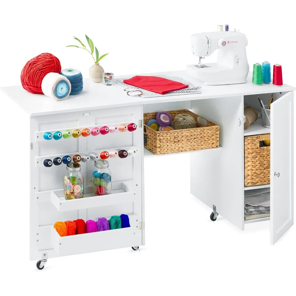 Large Folding Sewing Table, Multipurpose Portable Craft Station & Side Desk w/Compact Design, Caster Wheels, Storage Shelves