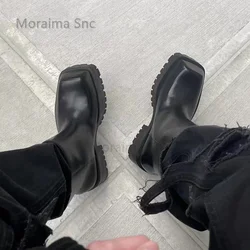 Square Toe Ankle Boots Men Women Non -Slip Thick Bottom Leather Chelsea Boots Female Slip On Black Rain Boots Couple Shoes