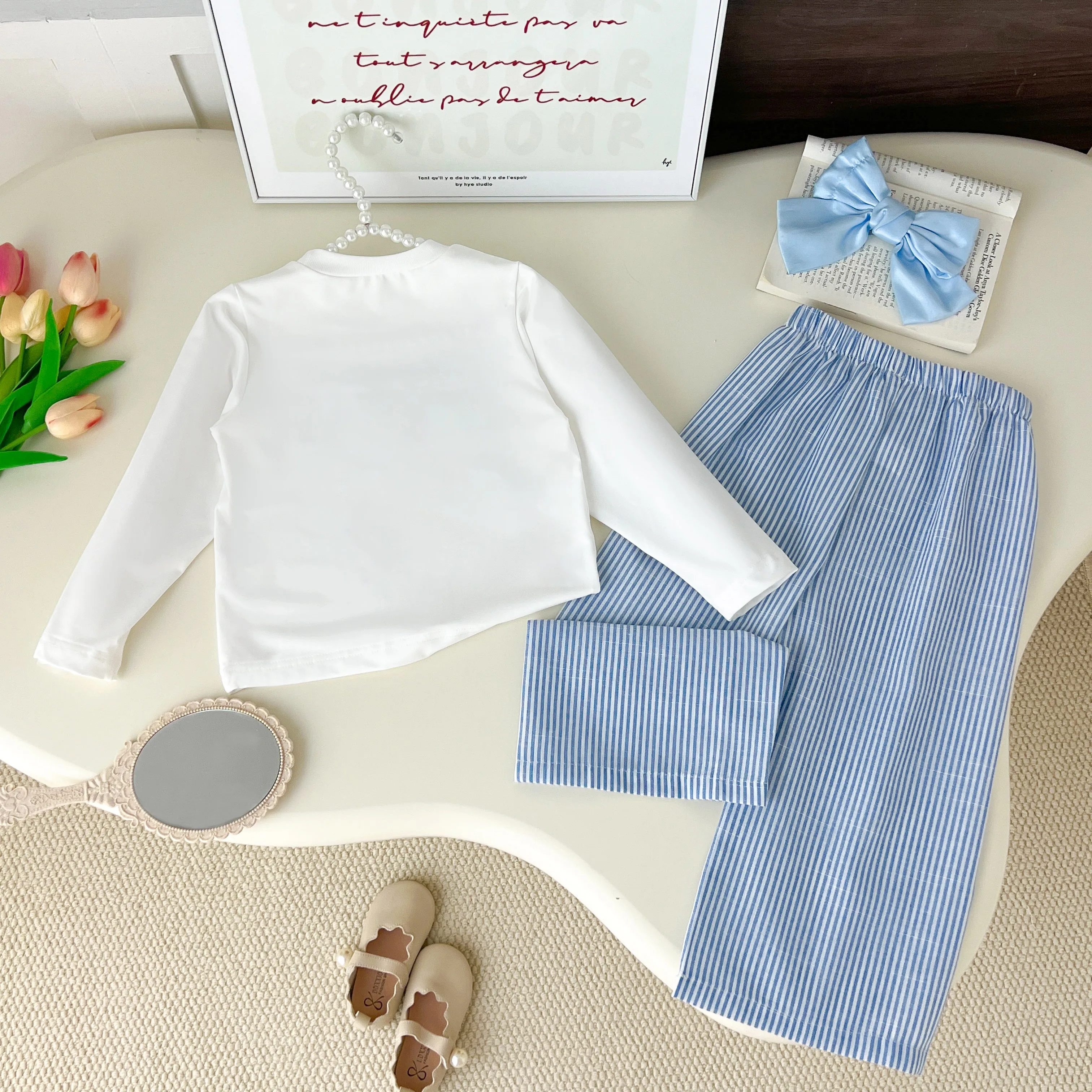 Humor Bear Korea Style Simple Kids Clothes Girl 2Pcs Set Clothing Long Sleeve Striped+Loose Pant Outfits for Girl