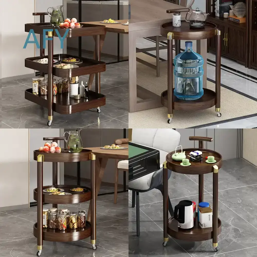 New Chinese Style Small Dining Cart for Home Office Living Room Round Side Trolley Movable Solid Wood Coffee Table Mini Table