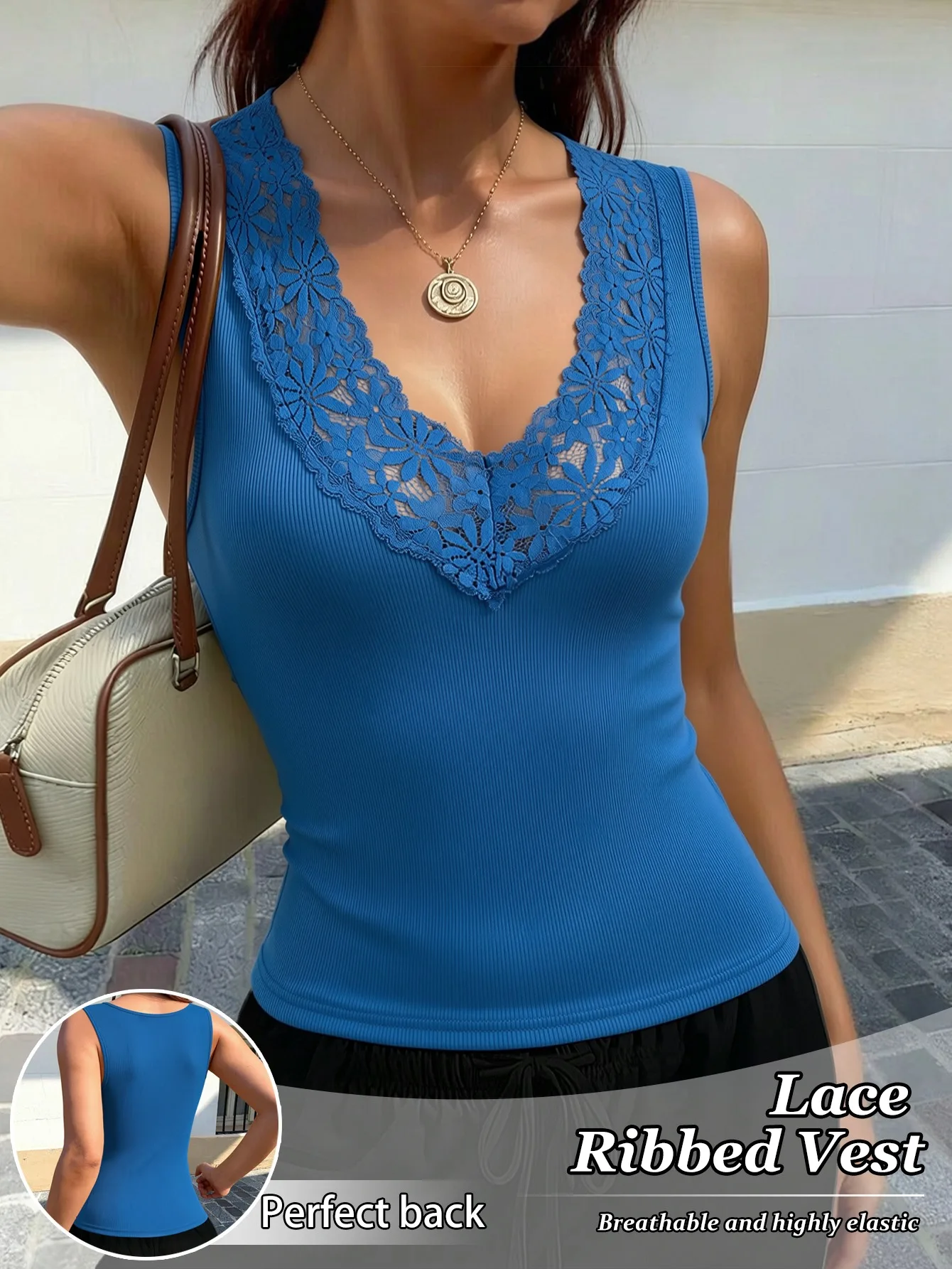 Tank Top Ribbed - Tank top wanita berenda dengan kerah