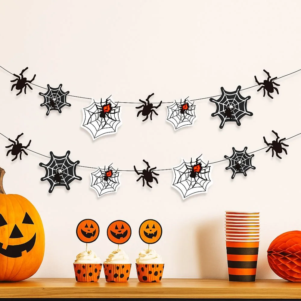

Scary Halloween Spider Banner Black Paper Spider Web Hanging Flag Funny Happy Halloween Decoration Home Decoration