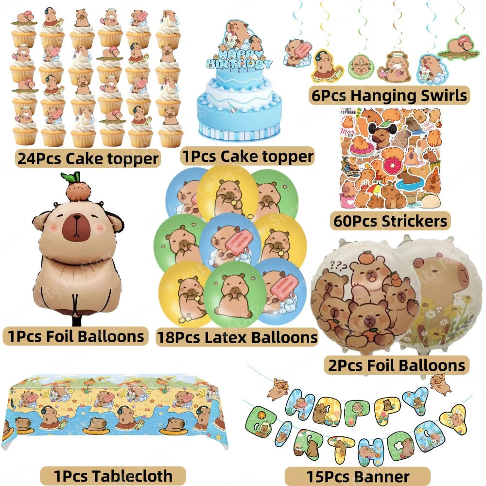 Capybara Birthday Decorations Include Banner Balloon Stickers Hanging Swirls Cake Toppers Tablecloth for Kids Party Supplies