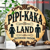 2D Flat 1pc Rustic Vintage Round Tin Sign 20.32x20.32 cm - Pipi Kaka Land Bathroom Sign Inspired Decor - with Left & Right Pre-D
