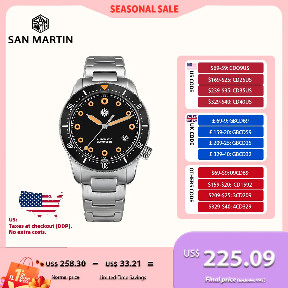 

San Martin 39.5mm YN55 Men Automatic Diving Watches 4H Date Window Sapphire BGW-X1 / Orange Lume Relogio 20Bar Waterproof SN0142