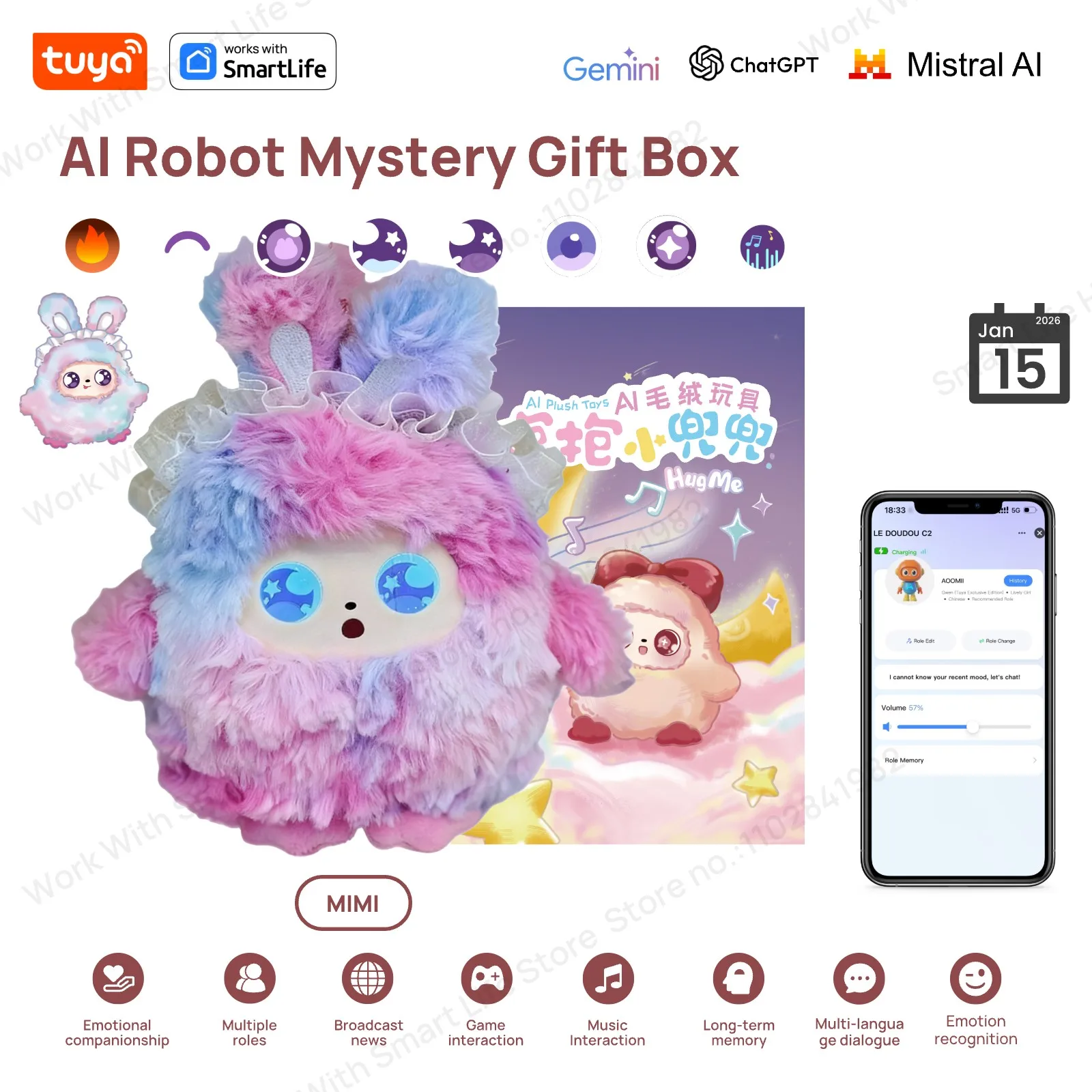 

NEW LAUNCH! MIMI Rabbit Rainbow AI Plush Toy Mystery Box 3in1 Smart Voice LED Eyes Interactive E-Pet W/Tuya APP Perfect Gift