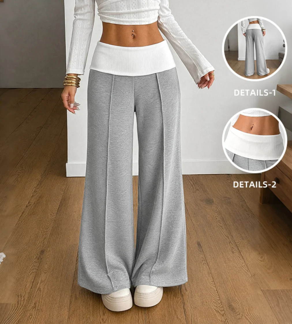Women Fold‑Over Waist Wide Leg Sweatpants 2026 Autumn New High Waist Front Seam Casual Loose Trousers