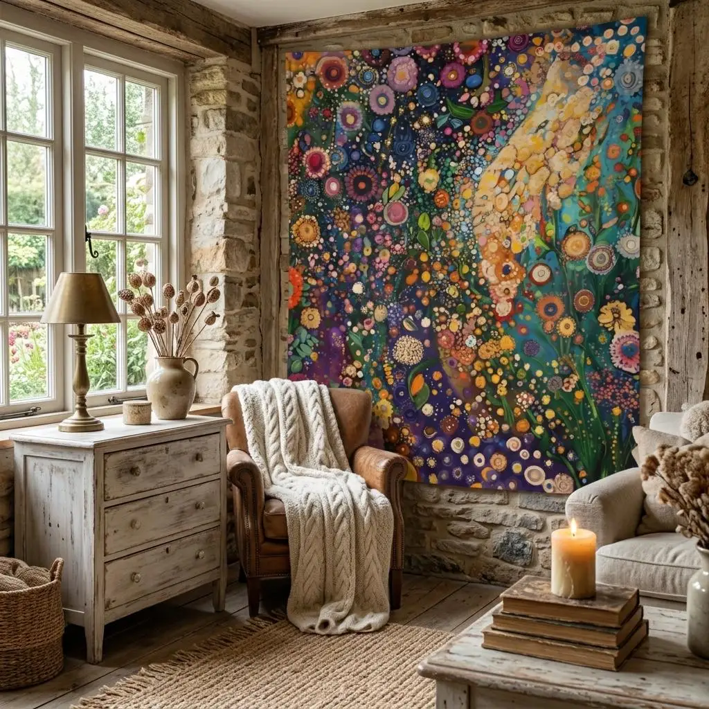 1pc Klimt Style Colorful Wildflower Garden Tapestry, Gustav Klimt Abstract Floral Dot Wall Hanging, Multiple Sizes, Polyester 2D